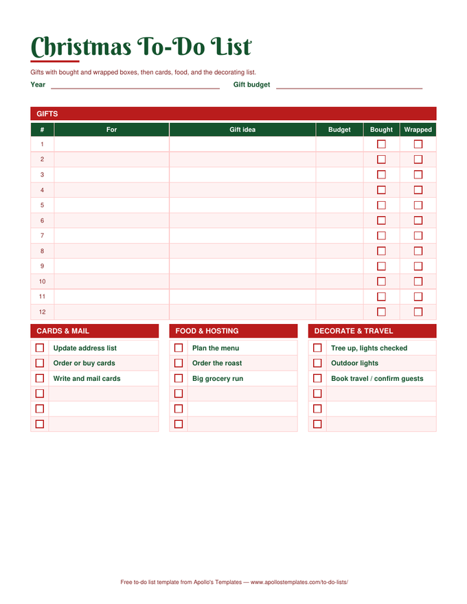 Christmas to-do list in red and green with a gifts table showing bought and wrapped checkboxes, and three short lists for cards, food, and decorating