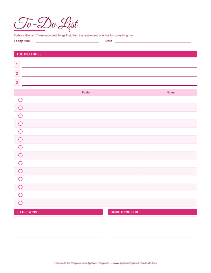 Cute to-do list in a rose palette with a script title, three big-three lines, circle check marks beside each task, and little-wins and something-fun boxes