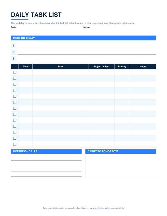 Daily task list for work with three must-do lines, a checkbox task table with time, project or client, and priority, a meetings block, and a carry-to-tomorrow box