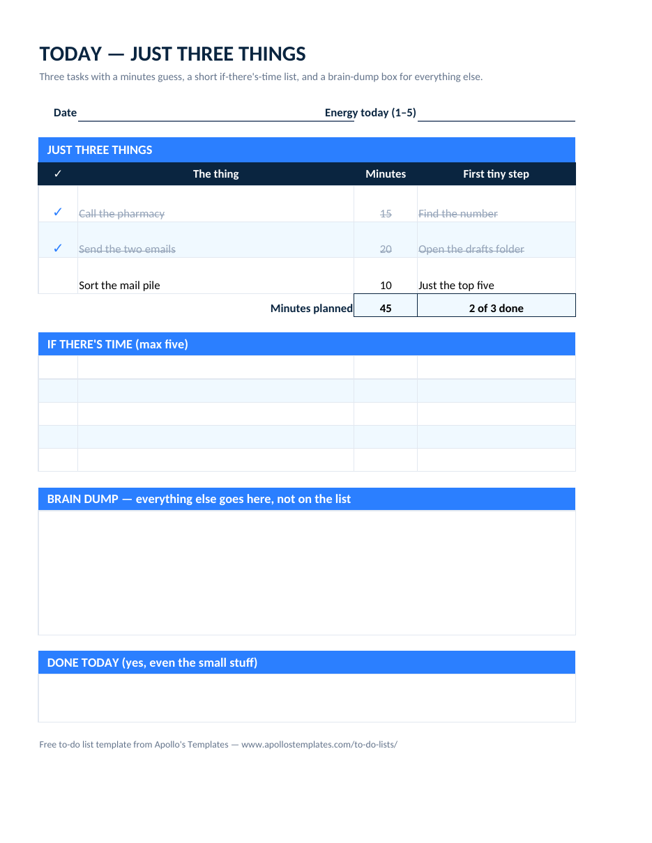 Filled-in adhd to-do list example: Three things with 15, 20, and 10 minutes planned (45) and two done