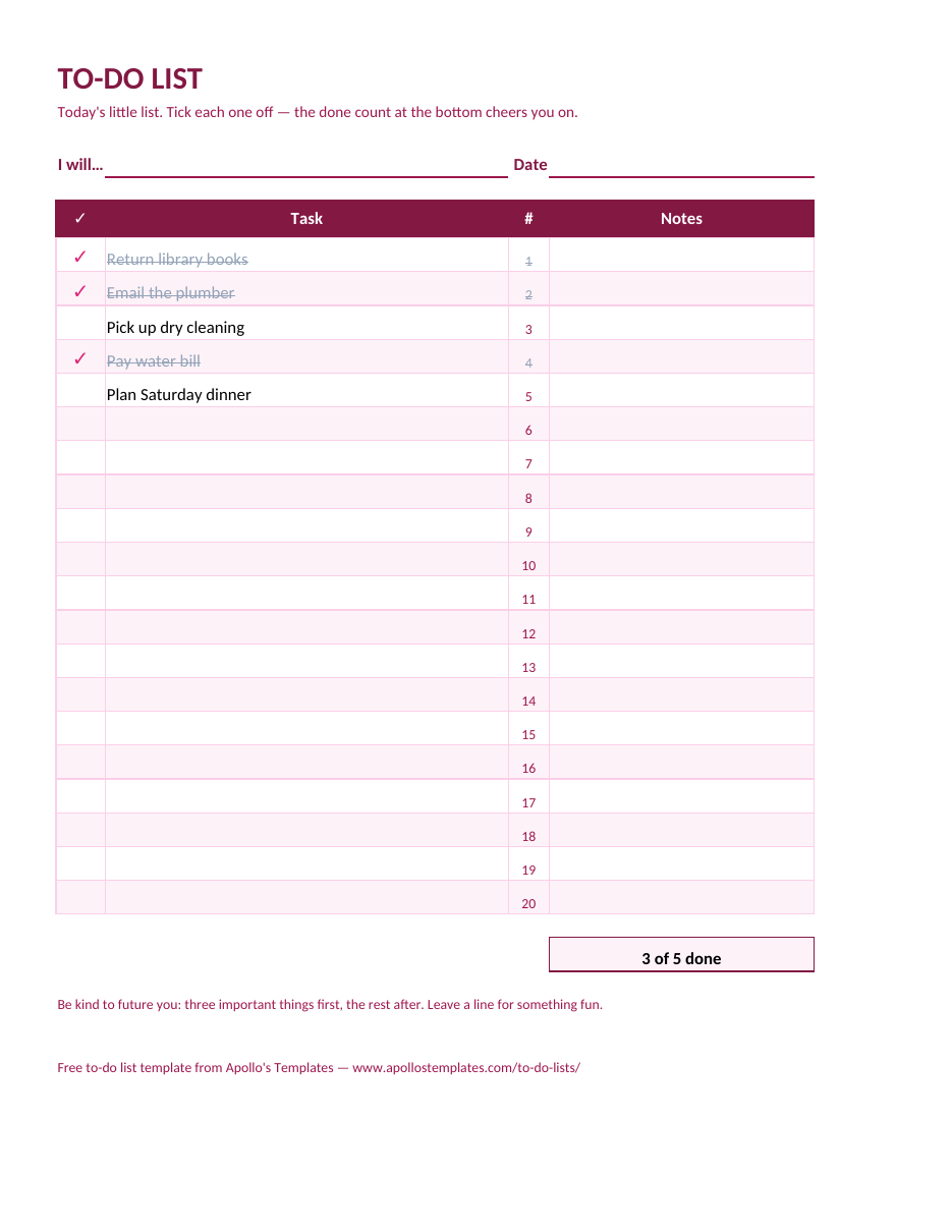 Filled-in cute to-do list example: The rose sheet with five tasks, three ticked, 3 of 5 done