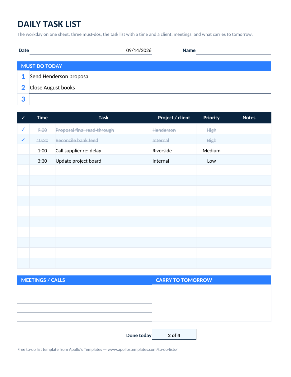 Filled-in daily task list for work example: Two must-dos and four timed tasks by client, two ticked \u2014 2 of 4