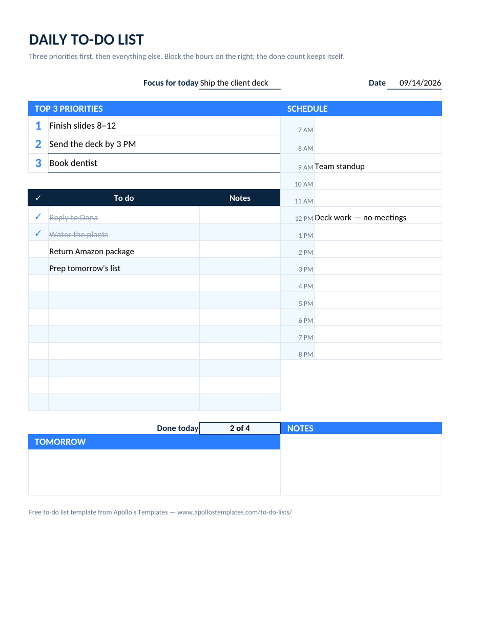Filled-in daily to-do list example: Three priorities, four tasks with two ticked, a standup and a deep-work block on the schedule