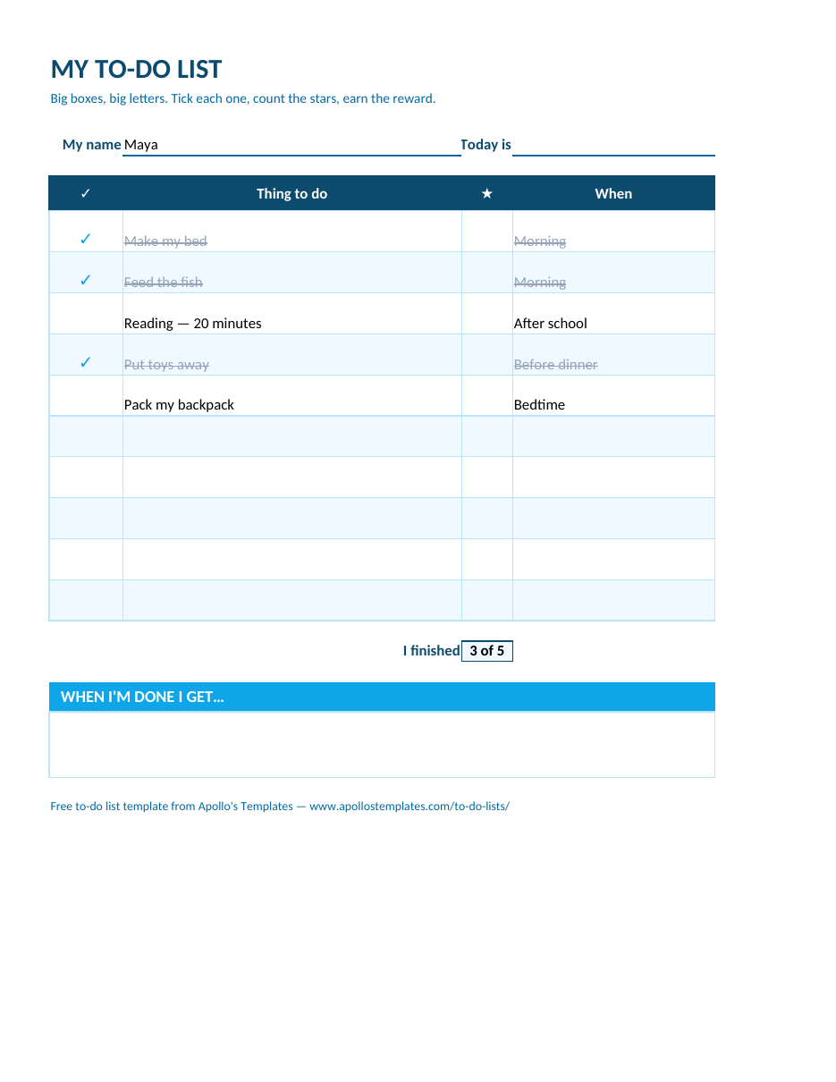 Filled-in kids' to-do list example: Maya’s five things with three ticked \u2014 I finished 3 of 5
