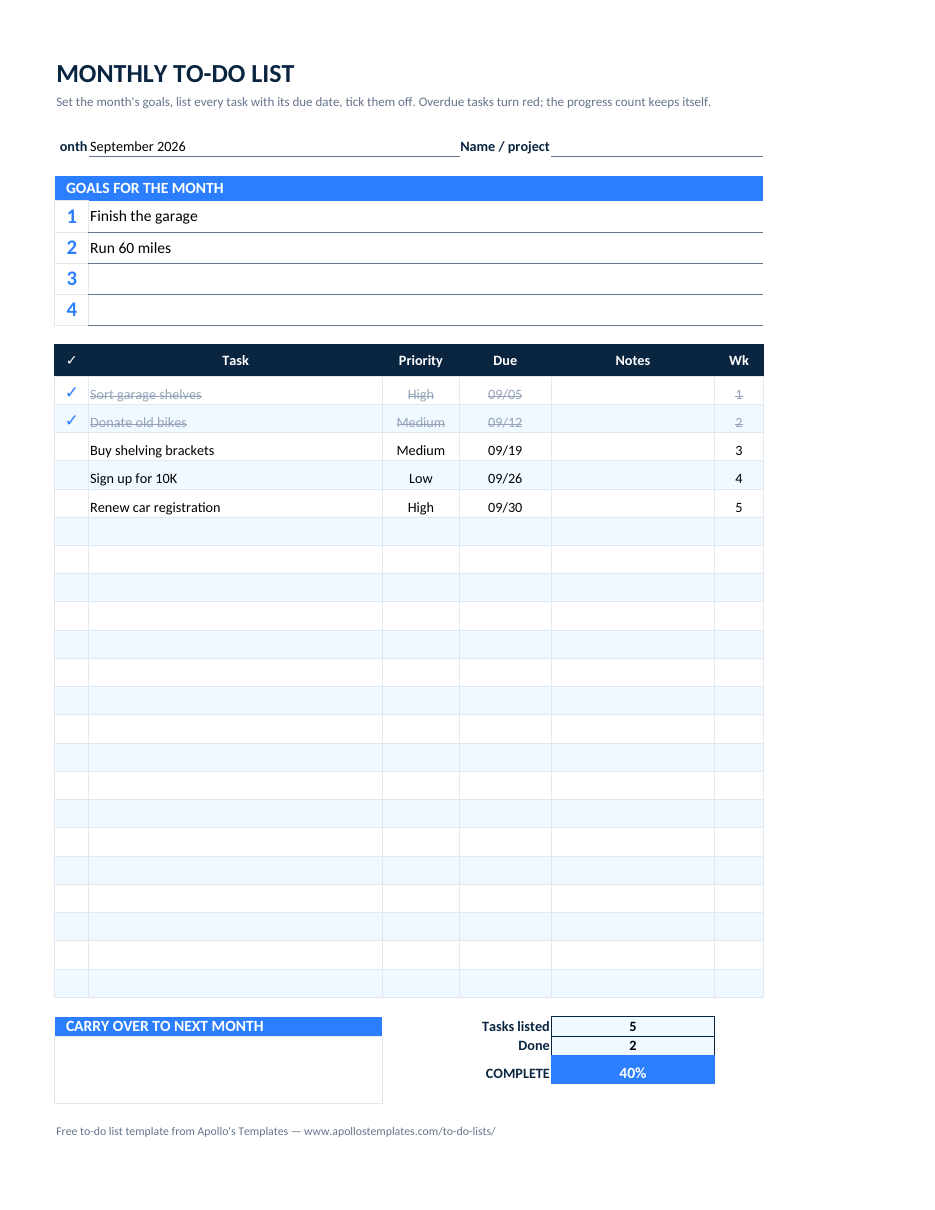 Filled-in monthly to-do list example: Two September goals, five dated tasks with two ticked, 40% complete, a week-of-month helper