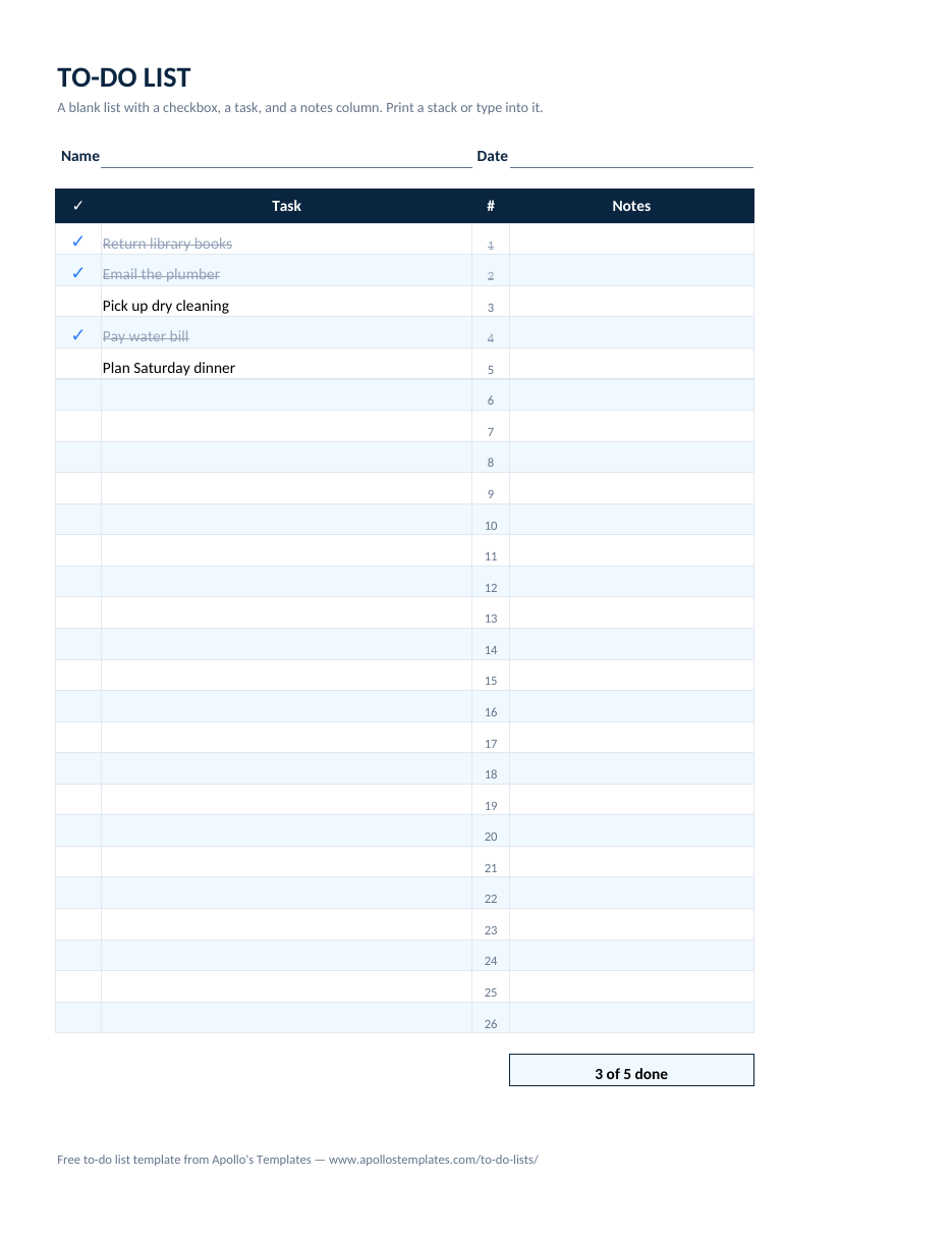 Filled-in blank printable to-do list example: The plain blank list with a few lines filled to show the done count working