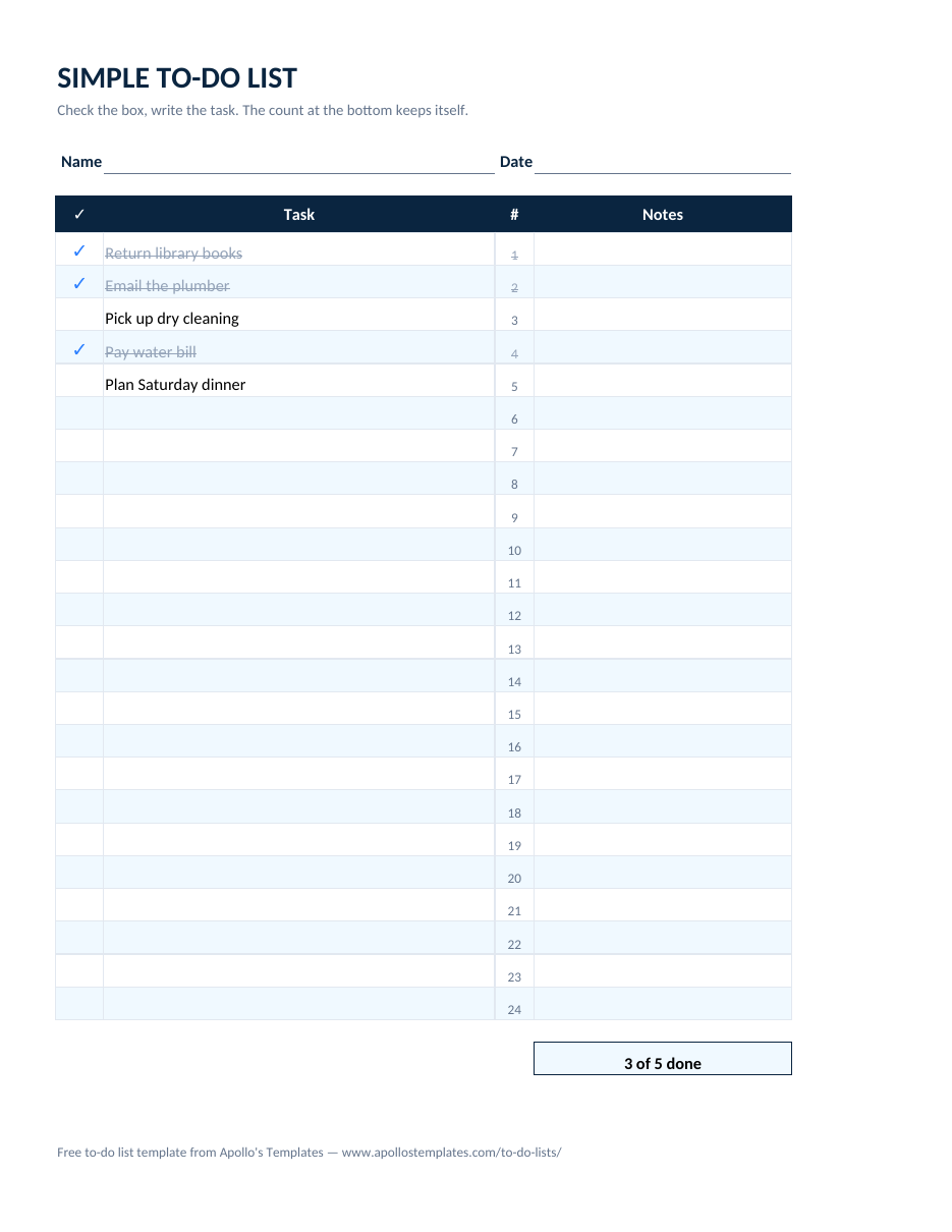 Filled-in simple to-do list example: Five errands with three ticked \u2014 the line at the bottom reads 3 of 5 done