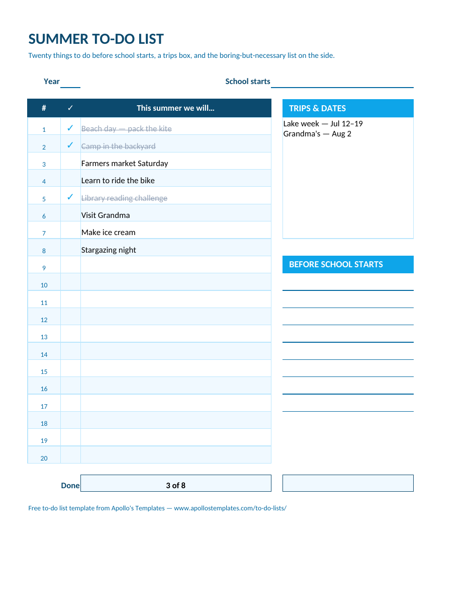 Filled-in summer to-do list example: Eight summer things with three done and the lake week in the trips box