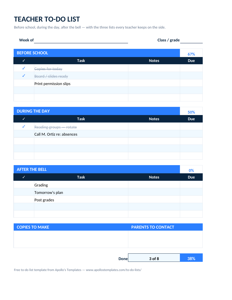 Filled-in teacher to-do list example: Before, during, and after the bell at 67%, 50%, and 0% \u2014 3 of 8