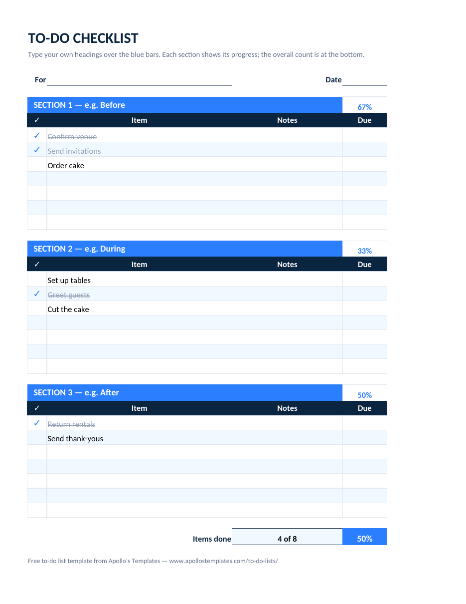 Filled-in to-do checklist example: Three event sections at 67%, 33%, and 50% \u2014 4 of 8 items done