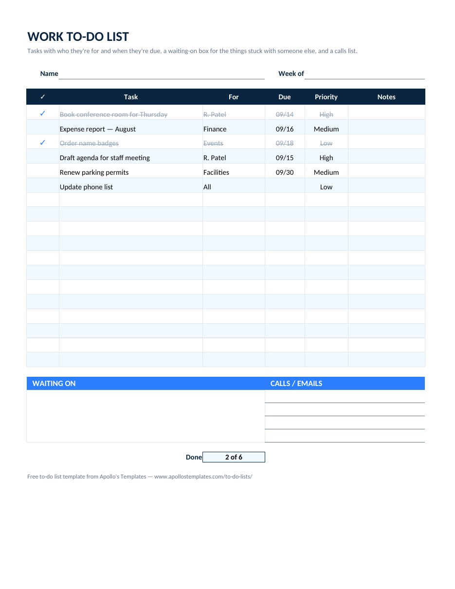 Filled-in work to-do list example: Six office tasks with who they’re for and a due date; 2 of 6 done