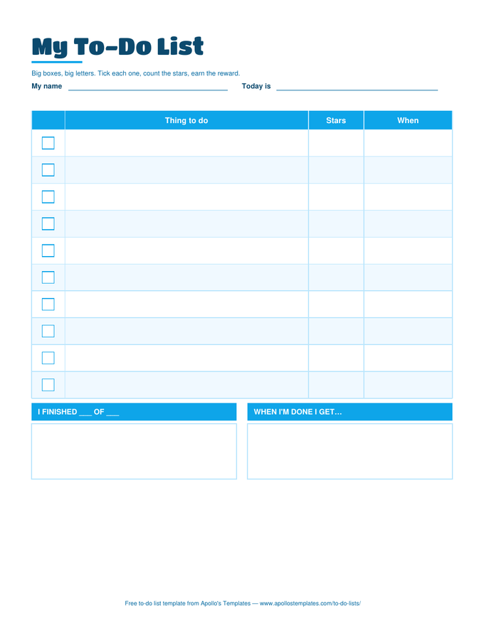 Kids' to-do list in bright sky blue with a rounded title, ten tall rows with a big checkbox, a stars column, a when column, and reward and finished boxes