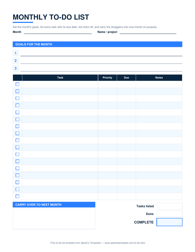 Monthly to-do list with numbered goal lines, a task table with checkbox, priority, due, and notes columns, a carry-over box, and progress boxes