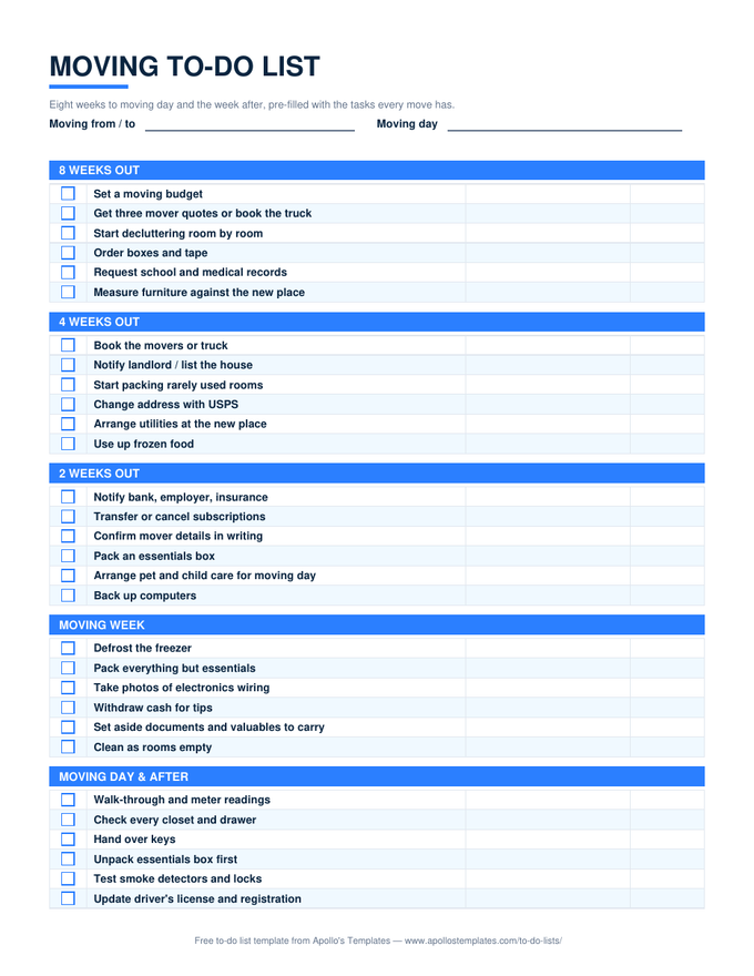 Moving to-do list with five timeline sections from eight weeks out to moving day and after, each pre-filled with checkbox tasks and notes and due columns