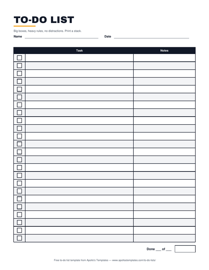 Blank printable to-do list in the bold look with a heavy black title, thick rules, and large square checkboxes