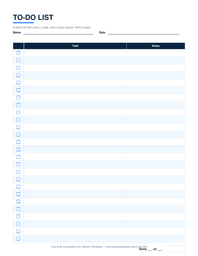 Blank printable to-do list with a checkbox column, task lines, a notes column, and a done-of line, in the plain navy look