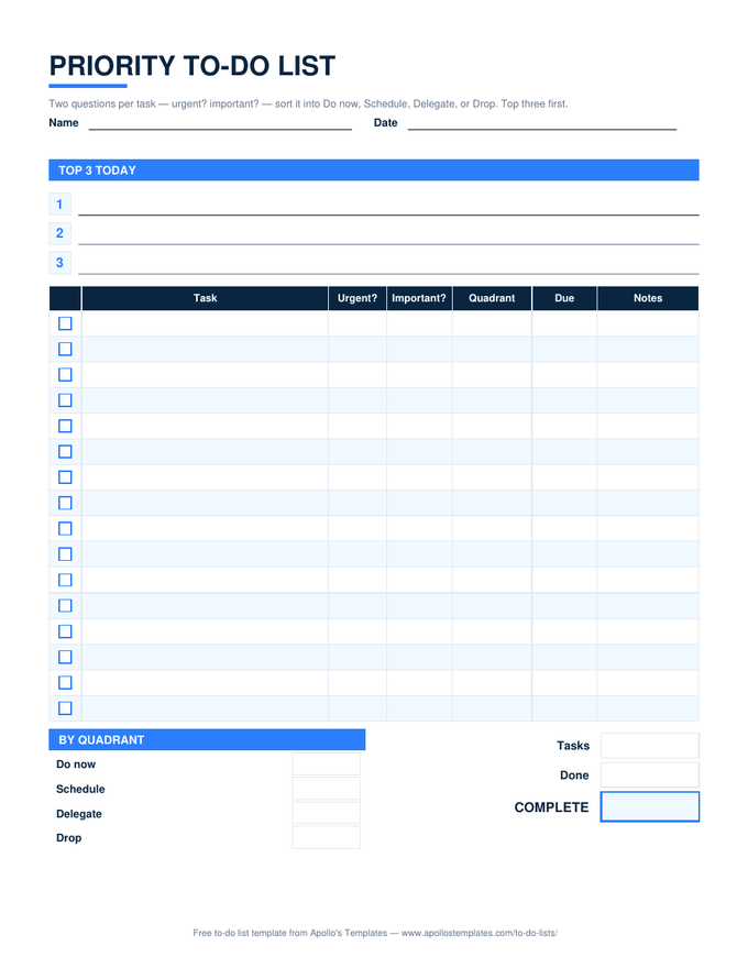 Priority to-do list with three top-3 lines and a task table with urgent and important columns, a computed quadrant column, due and notes, plus by-quadrant counts