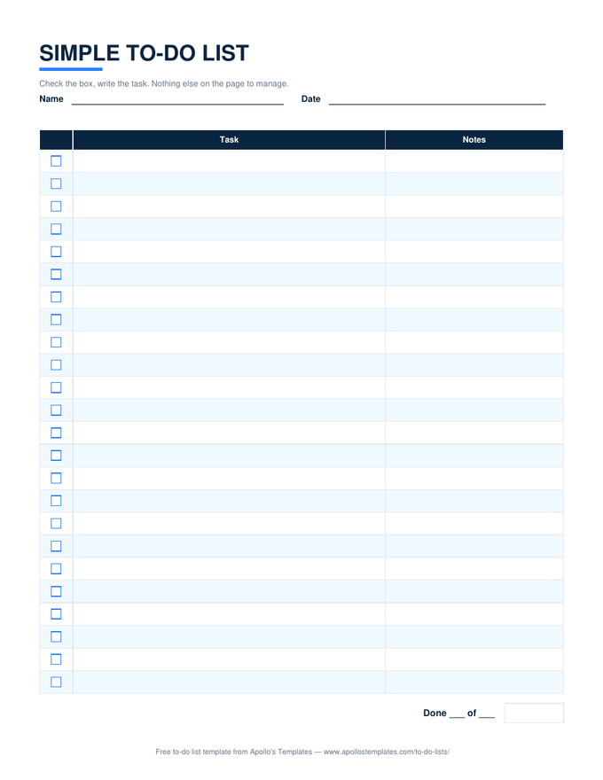 Simple to-do list with a checkbox column, a wide task column, a notes column, and a done-count line