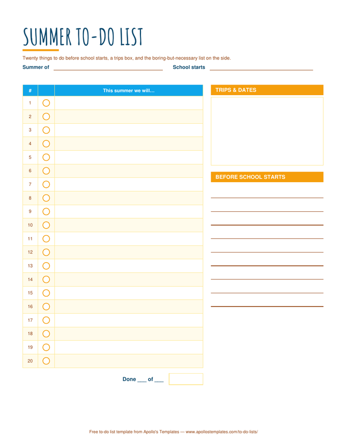 Summer to-do list in sky blue and amber with a hand-lettered title, twenty numbered circle-check lines, a trips box, and a before-school-starts list