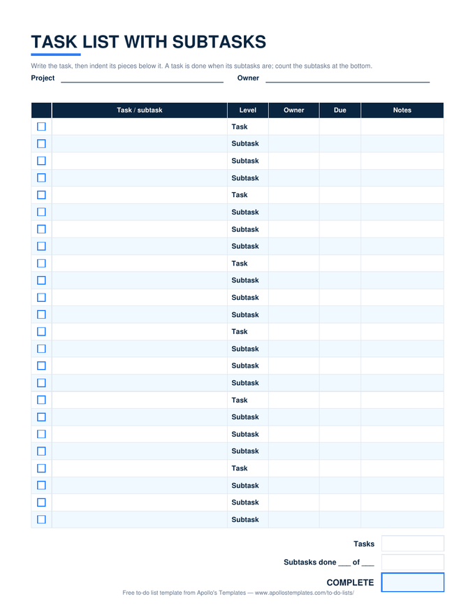Task list with subtasks: checkbox rows where bold task rows sit above indented subtask rows, with level, owner, due, and notes columns and a subtasks-done count