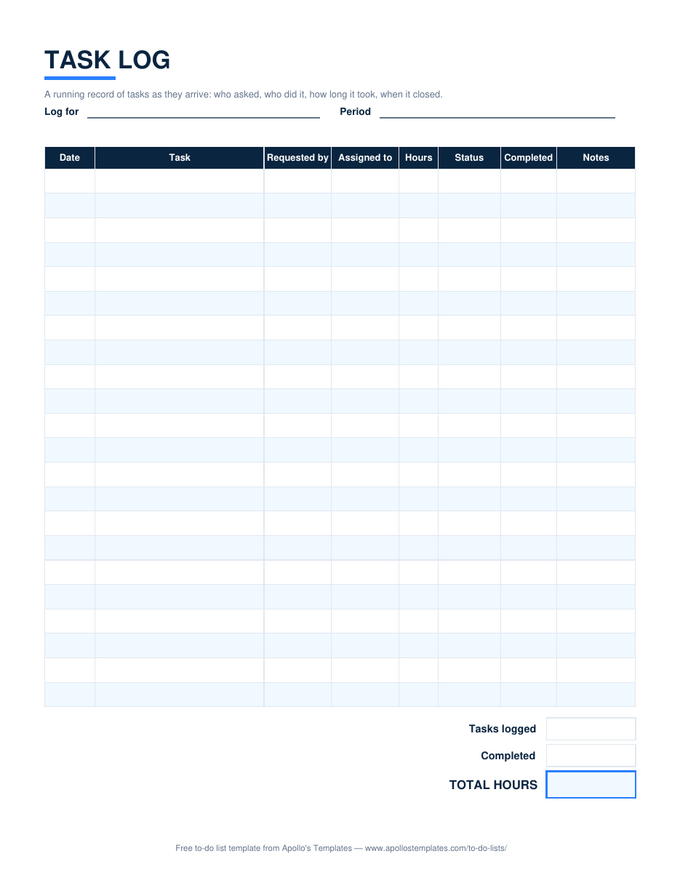 Task log with date, task, requested by, assigned to, hours, status, completed date, and notes columns, and tasks-logged, completed, and total-hours boxes