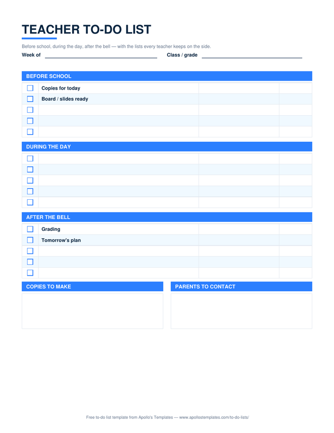 Teacher to-do list with Before School, During the Day, and After the Bell sections, each with checkbox task rows, plus copies-to-make and parents-to-contact boxes