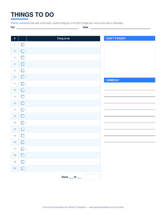 Things to do list with twenty numbered checkbox lines beside a don't-forget box and a someday list