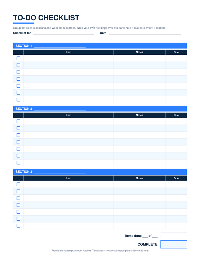 To-do checklist with three section bars, each over a table of checkbox, item, notes, and due columns, and an items-done total