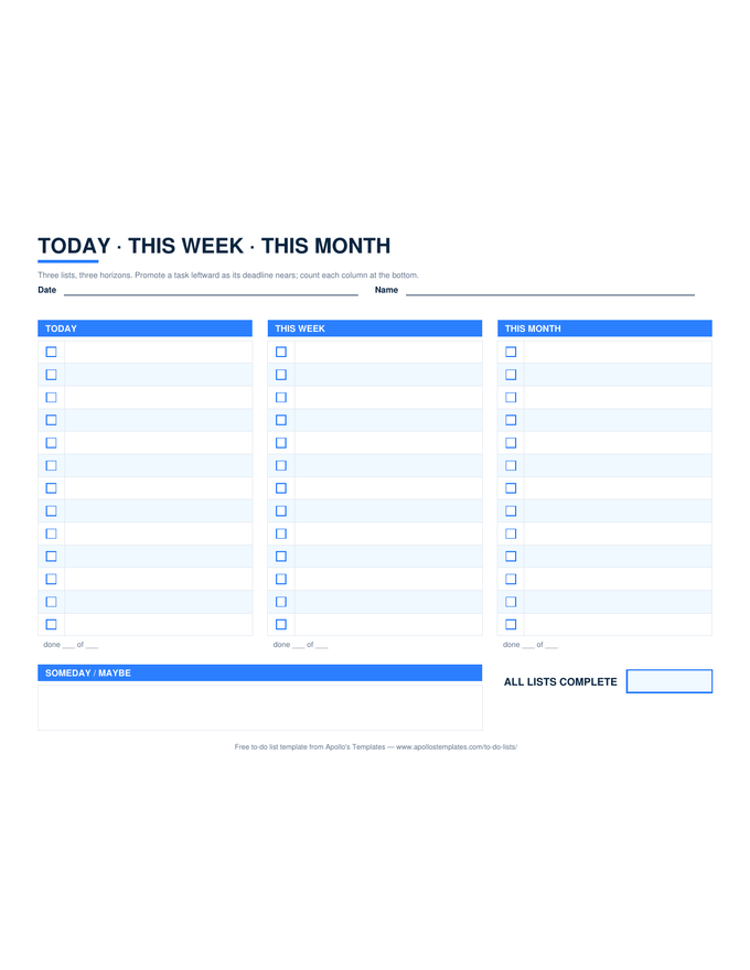 Three-column to-do list in landscape headed Today, This Week, and This Month, each with checkbox rows and a done count, plus a someday box