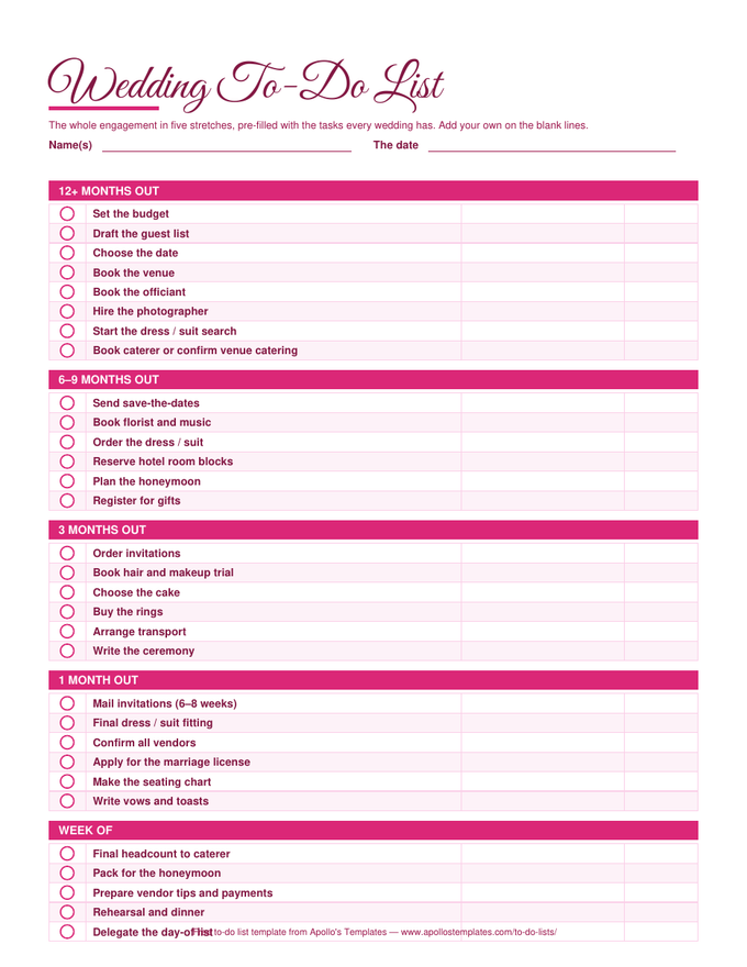 Wedding to-do list in a rose palette with a script title and five timeline sections from 12+ months out to the week of, each pre-filled with circle-check tasks