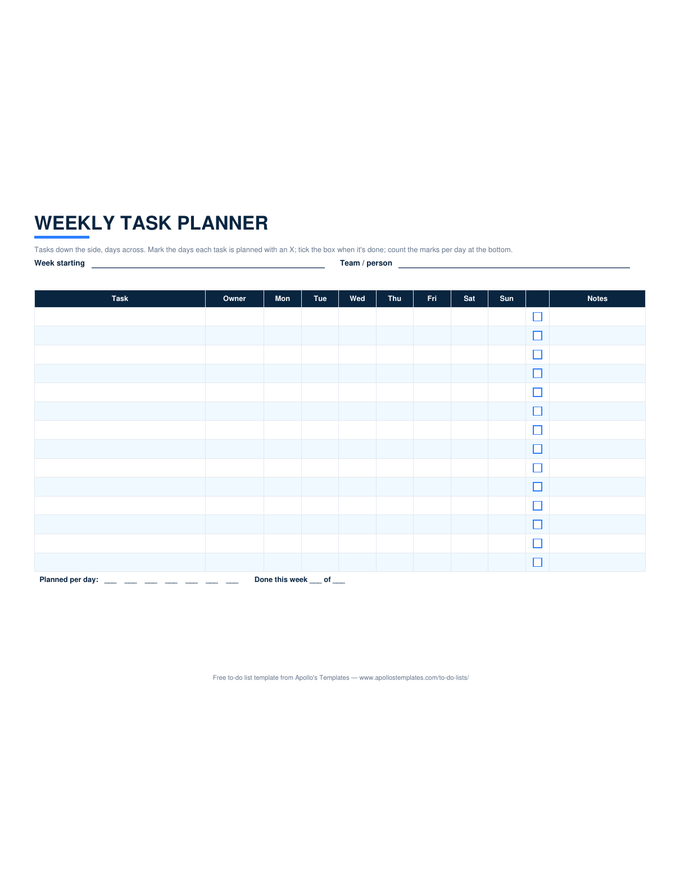 Weekly task planner in landscape with tasks down the side, seven day columns marked with an X where each task is planned, a done box, and planned-per-day counts
