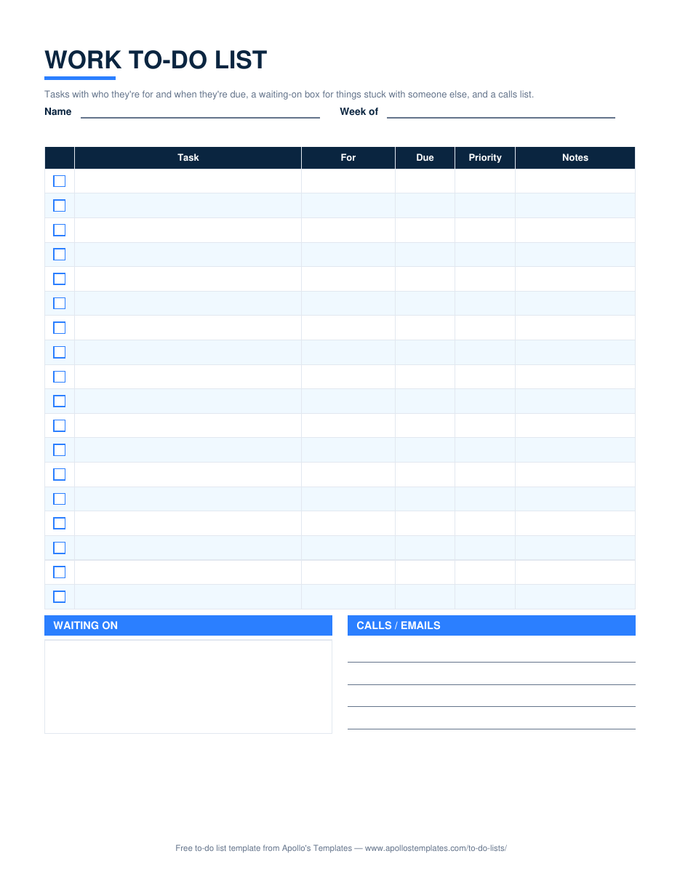 Work to-do list with checkbox task rows showing who each task is for, due, and priority, a waiting-on box, and a calls and emails list